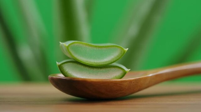 Aloe Vera slices stacked on wooden spoon with soft green bokeh background