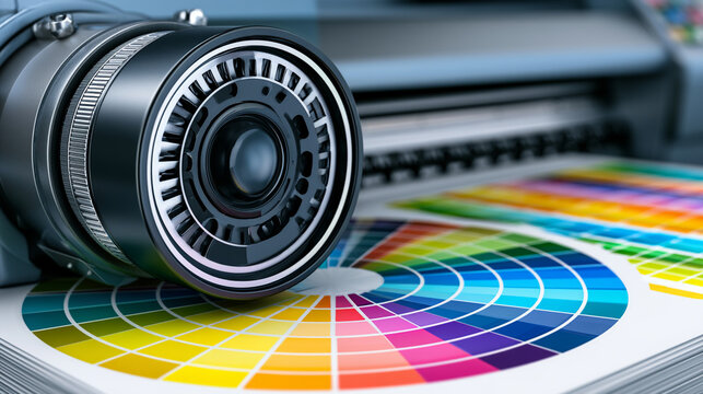 Large format printer outputs smooth grid sheet with full color swatches chart

