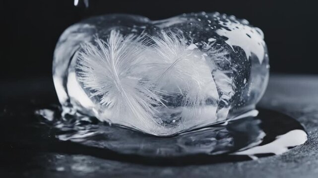 Clear water pours over a melting heart-shaped ice block encasing white feathers. The scene features a dark background and high contrast lighting on the transparent ice texture.