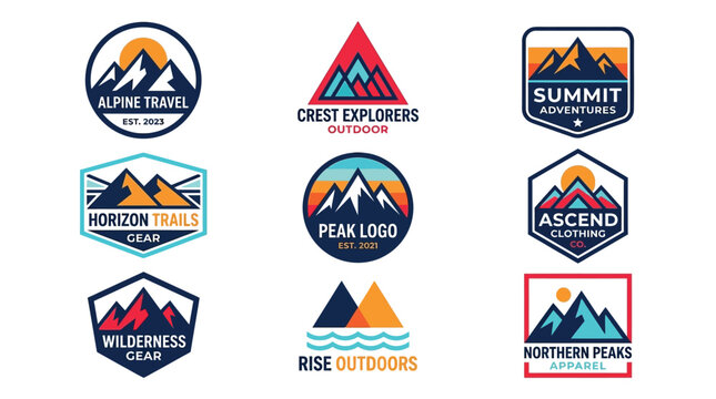 Colorful mountain adventure logo collection featuring geometric shapes and stylized jagged peaks for outdoor brand identity