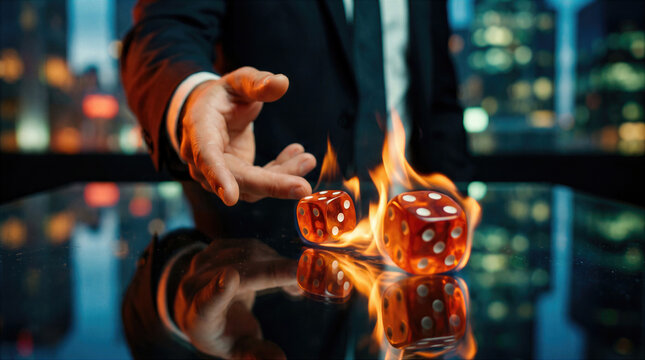 Businessman rolling burning dice on a glossy table against a blurred city skyline at night. Risk and chance in gambling and finance. Stakes decision, luck, and fortune in a bold business strategy.
