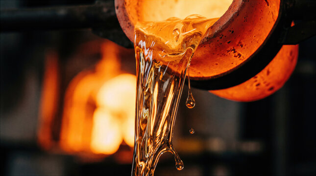 Molten glass pours in a bright stream from a hot crucible near a glowing furnace. Liquid material flows and drips during the smelting and casting process inside industrial foundry workshop.