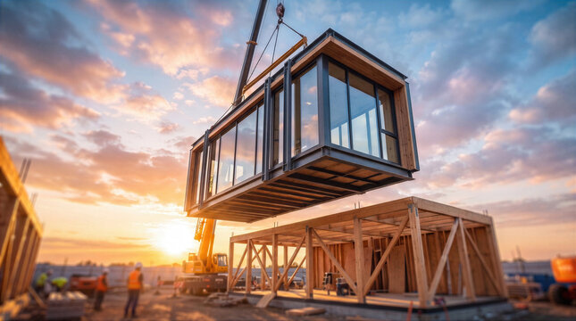 Modular prefab house module lifted by a crane onto a timber frame at a residential construction site during sunset. Modern prefabricated home assembly with glass windows, engineering and building