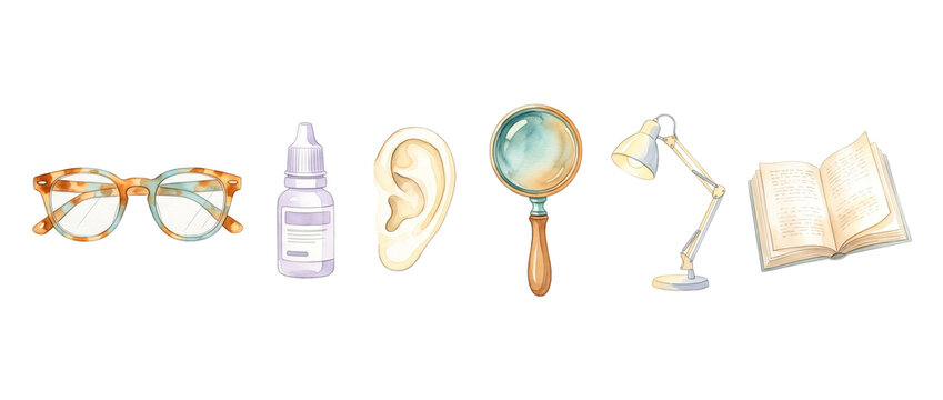Eye Care Vision Magnifying Glass watercolor illustration set showing eyeglasses eye drops human ear desk lamp open book for medical health reading research study isolated banner background concept