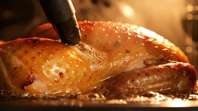 A cooking probe inserts into the sizzling skin of a roasting chicken inside an oven. The clip features extreme close-up details, bubbling juices, and warm amber lighting.