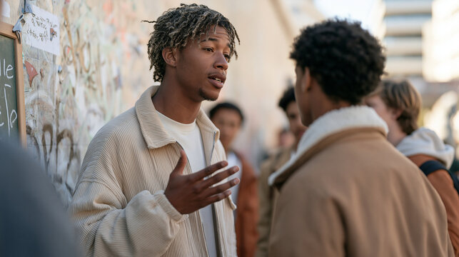 Teen peer tutors huddle around a graffiti-covered wall in a bustling urban plaza, one teenager explaining algebra on a chalkboard while classmates in autumn jackets listen