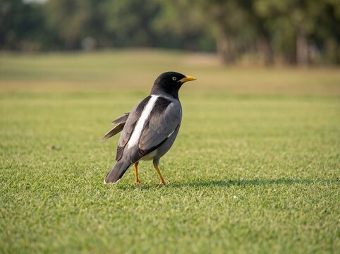 A common myna bird standing on a green grass lawn with striking white wing stripe detail