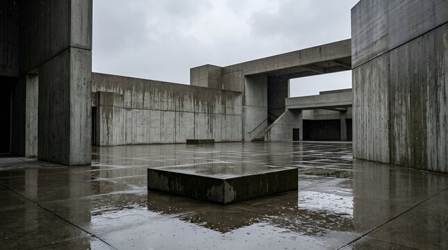 Modern brutalist architecture concrete building courtyard, wet rain reflection on pavement, minimalist design exterior, rainy day atmosphere