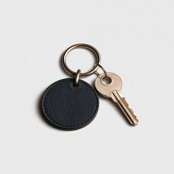 Black leather keychain with monogram letter K and gold key on white background