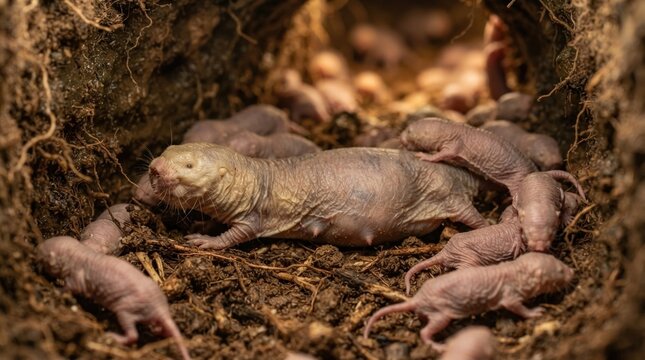 Queen naked mole-rat resting in an underground burrow chamber with workers, soil, and root fragments.