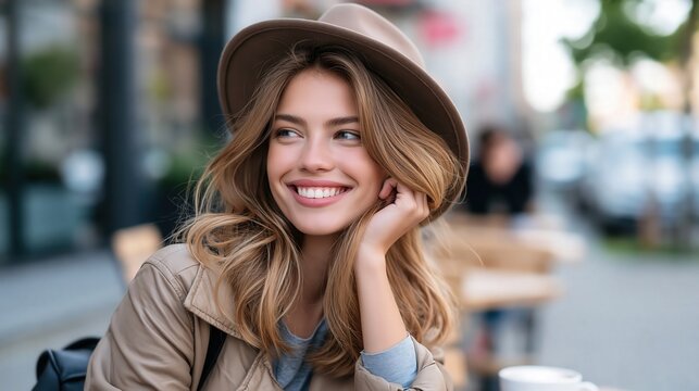 Smiling young woman in brown hat sitting at outdoor cafe in autumn, happy female enjoying city lifestyle