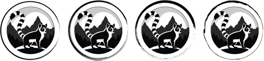 Four circular emblems featuring a black lemur silhouette standing on a hill, isolated on a white background © SilhouetteStore