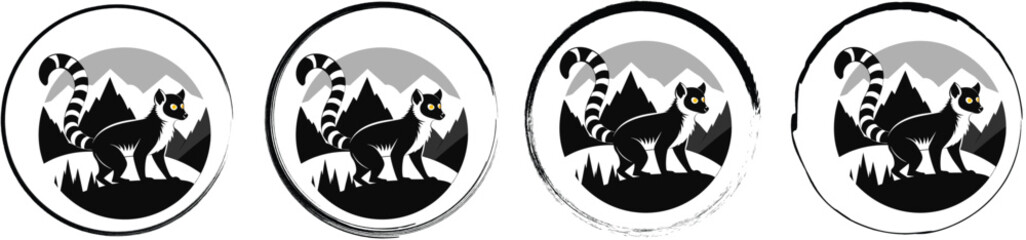 Four circular emblems featuring a black lemur silhouette with yellow eyes on a hill, isolated on a white background © SilhouetteStore
