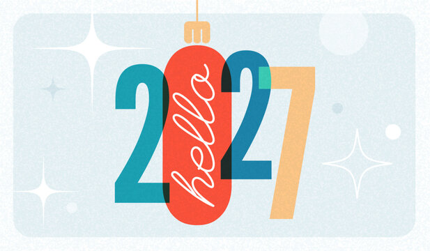 2027 hello new year retro 60s vintage typography lettering with сhristmas tree ball