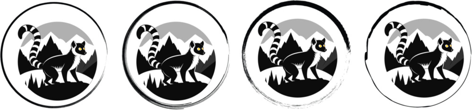 Four circular emblems featuring a black lemur silhouette with yellow eyes on a hill, isolated on a white background
