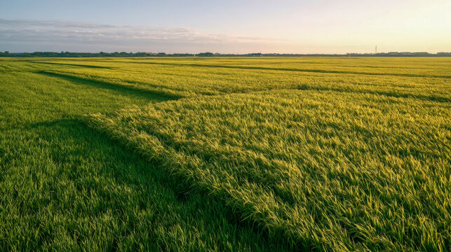 Vast green rice paddy field at sunset with golden light casting long shadows across agricultural landscape