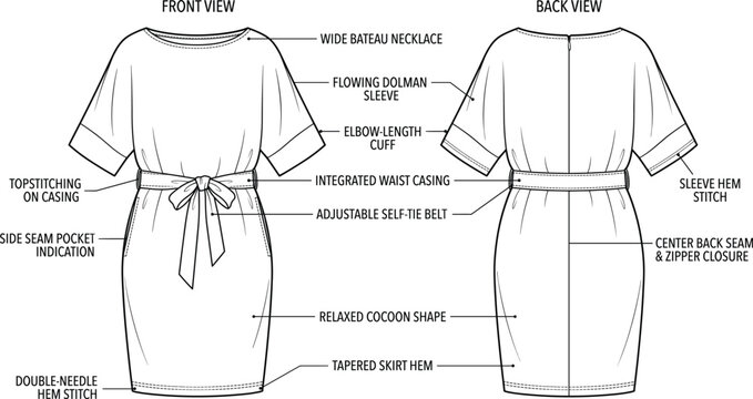 Women's dolman sleeve cocoon dress technical flat sketch vector template for fashion design front and back views