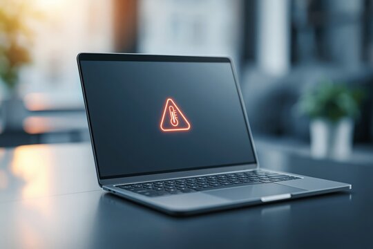 summer overheating electronics concept. Laptop computer displaying warning symbol on screen, modern workspace with plants and soft lighting in background