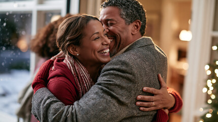 Fototapeta premium Warmly lit doorway scene of a joyful embrace between family members reuniting for the holidays, soft golden interior light spilling outward, snow falling gently outside, generous c