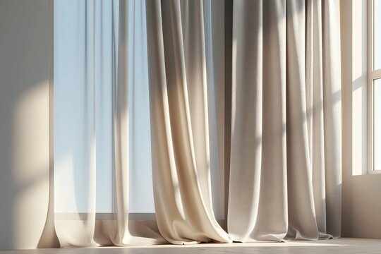 UV filtering textile concept. Soft white fabric curtain draped elegantly with natural light casting shadows on the wall behind in a bright indoor setting