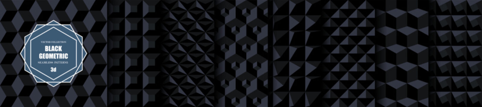 Collection of dark seamless geometric patterns with luxury 3d cube shapes. Black monochrome futuristic textured background set and decorative endless tileable pyramid grid for premium vector print.