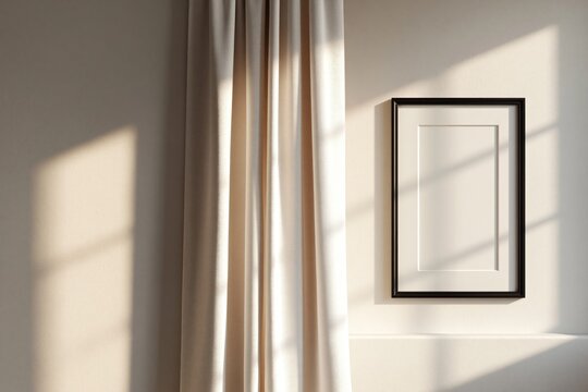 UV filtering concept. Empty picture frame on wall beside window with sheer curtains, sunlight casting shadows on the interior wall of a modern room