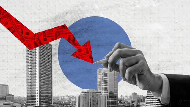 Conceptual collage of economic decline, featuring a red downward arrow over a blue circle, city skyscrapers, and a hand drawing the chart. Concept of Depreciation