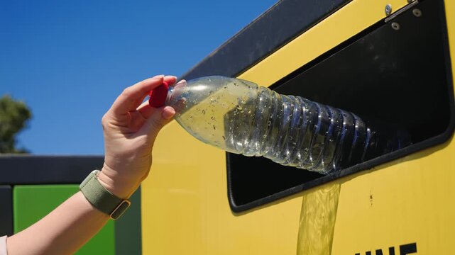 Close up of placing an empty plastic bottle into a recycling container. Hand disposing recyclable waste in a public collection bin. Plastic recycling and environmental responsibility concept. High