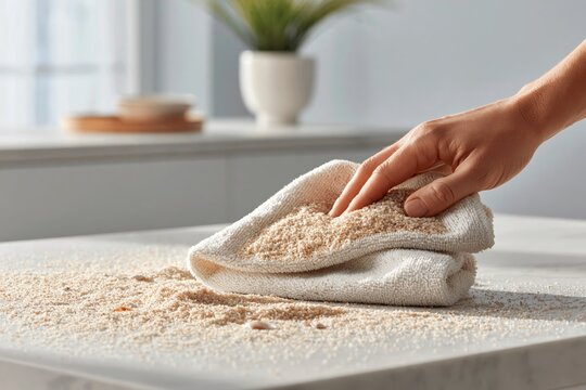 home hygiene concept after beach. Hand wiping kitchen countertop covered in fine grains with a white cloth, bright interior with large windows in background