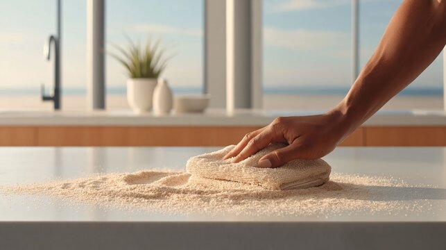 home hygiene concept after beach. Hand wiping kitchen countertop covered in fine grains with a white cloth, bright interior with large windows in background