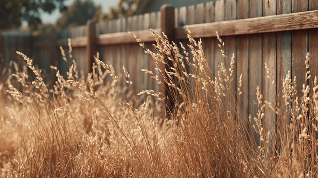 fire hazard due to careless behavior concept. Dry grass sways gently against wooden fence in warm sunlight, creating a serene outdoor scene with soft shadows