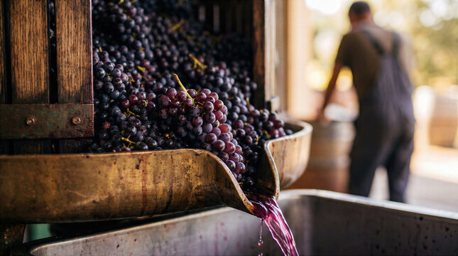 Fresh ripe grapes flow through a traditional wooden wine press as red juice pours into a vat during the autumn harvest. Rustic winery scene of artisan winemaking, viticulture and crushing