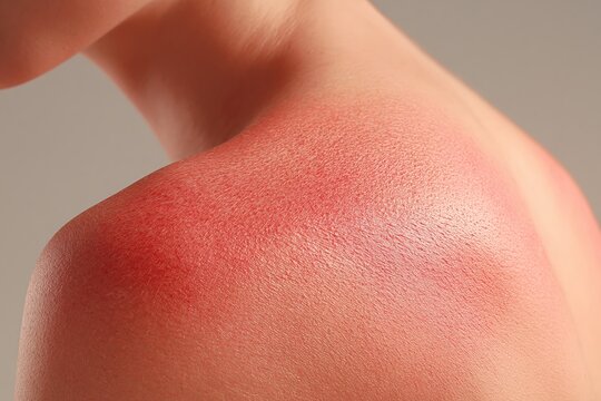 medical UV damage concept. dermatological care, UV exposure awareness . Close-up of sunburned skin on shoulder, showing redness and texture against neutral background