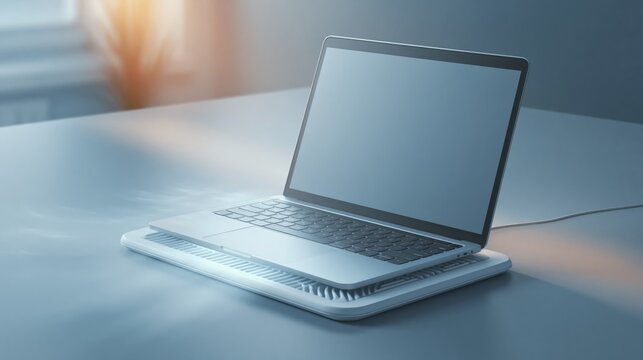 summer overheating prevention concept. Modern laptop on cooling pad with blank screen, illuminated by natural light in a minimalistic workspace