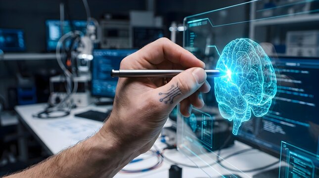 Scientist interacting with a glowing digital brain interface using a stylus in a high-tech laboratory setting