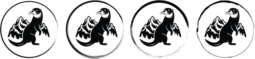 Four circular featuring a black silhouette of an otter standing upright in front of a mountain range, isolated on white background © SilhouetteStore