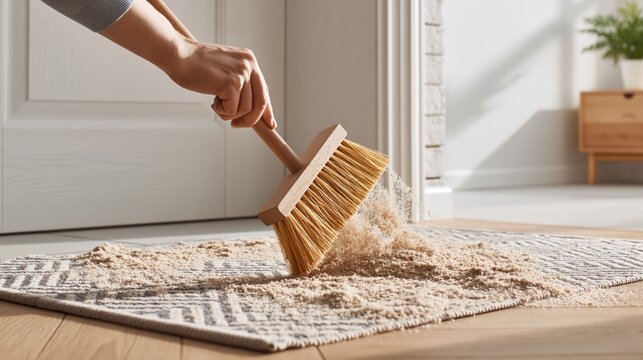 home hygiene concept after beach. Hand holding wooden broom sweeping sawdust off gray rug in bright indoor space with natural light streaming through windows