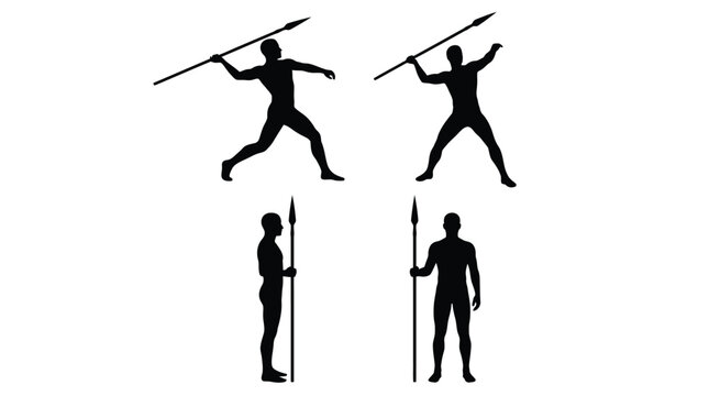 Athletic male silhouette figures holding sharp hunting spears in various active poses and dynamic stances