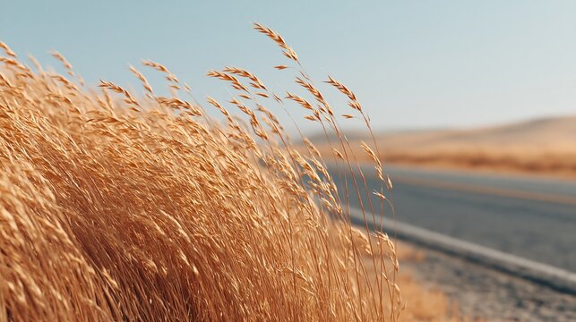fire hazard due to careless behavior concept. Golden grass field beside asphalt road under clear sky in rural landscape during late afternoon light