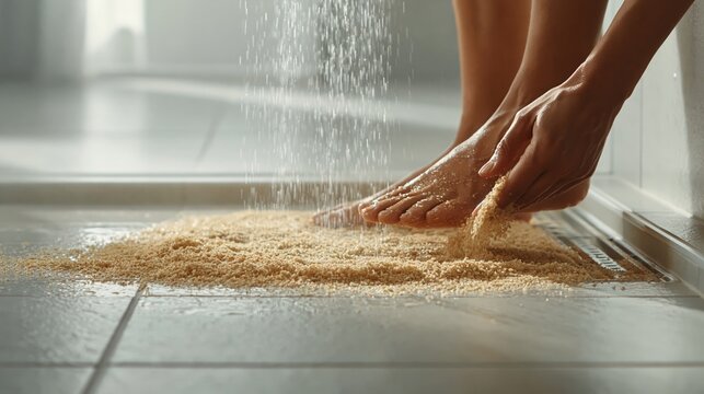 hygienic post-beach cleaning concept. Male feet being washed in shower with hands removing sand from toes on tiled floor in modern bathroom setting