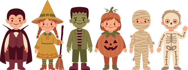 Group of Cute Children Wearing Vintage Earth Tone Halloween Costumes Pack Featuring Vampire Witch Frankenstein Pumpkin Mummy and Skeleton Characters Vector Illustration