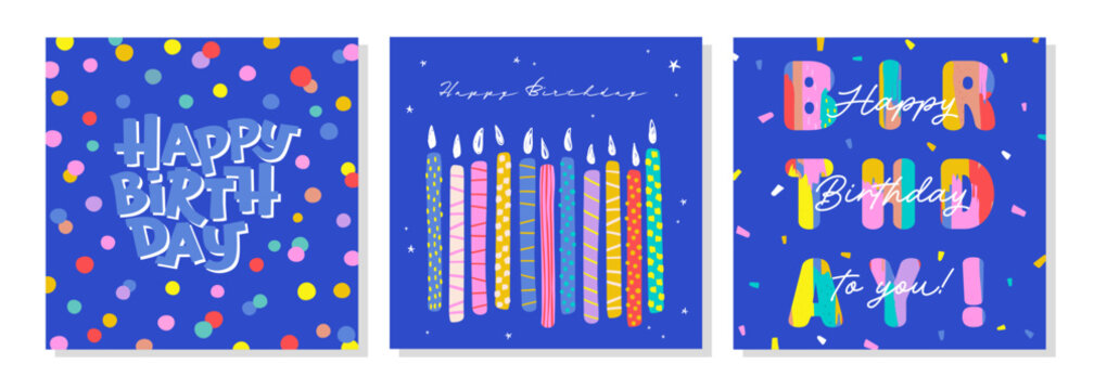Set of lovely hand drawn birthday cards with fun typography and vibrant colors, universal artistic templates
