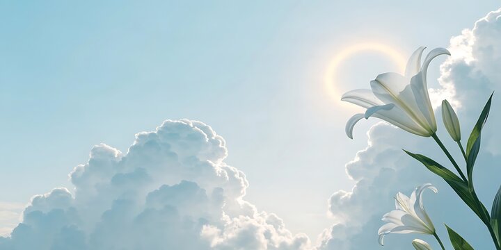 Single white lily flower against blue sky with clouds and bright solar halo spiritual botanical serenity heavenly religion landscape tranquility ethereal inspiration sunlight