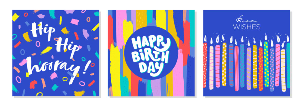 Set of lovely hand drawn birthday cards with fun typography and vibrant colors, universal artistic templates