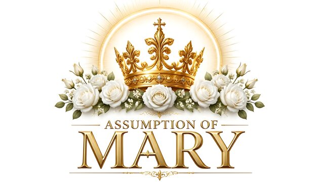 Assumption of mary religious graphic illustration with golden crown and white roses assumption religion christianity catholic celebration spiritual theology traditional commemoration