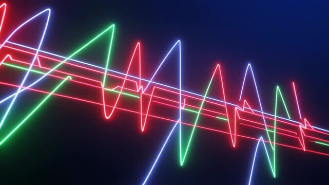 Three luminous waveforms intersect in vibrant red, green, and blue, oscillating across darkness, symbolizing interference, resonance, and the dynamic interplay of frequencies in abstract motion.