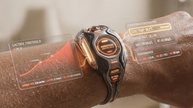 Smartwatch worn on a human wrist provides advanced biometric data tracking including real time lactate thresholds and health diagnostics projected through a futuristic holographic interface.