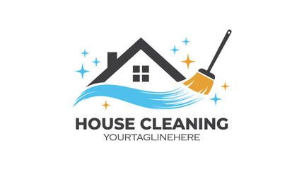 Fototapeta premium Minimalist house cleaning logo design featuring a sweeping brush stroke with sparkling stars and roof