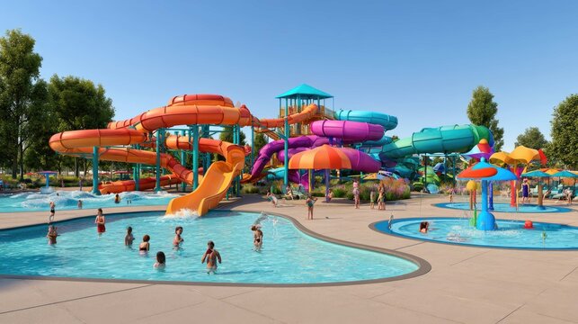 Colorful Water Park with Thrilling Slides and Family-Friendly Pools Under Clear Blue Sky