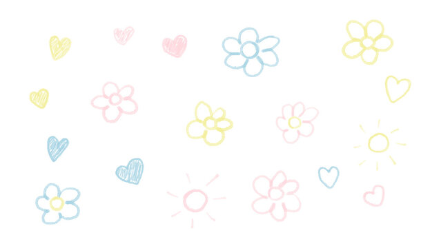 Set of charming hand drawn doodles in pastel pink, blue, and yellow colors featuring flowers, hearts, and suns. Cute sketchy decorative elements isolated on transparent background. Pastel hand drawn